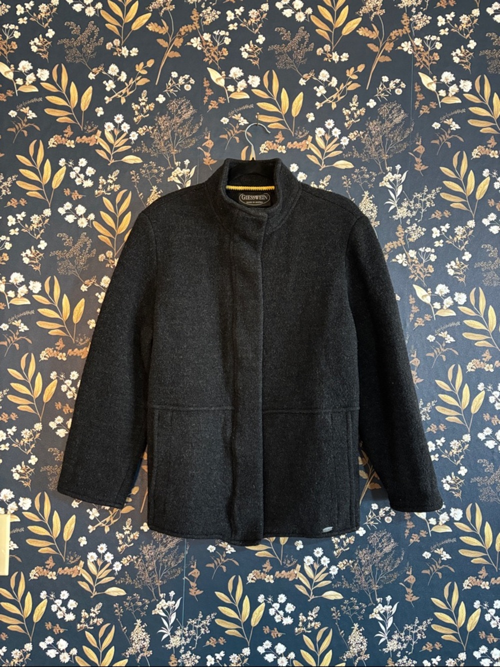 Giesswein Black Grey Boiled Wool Stand Collar Pea Coat Size 44 or US 12